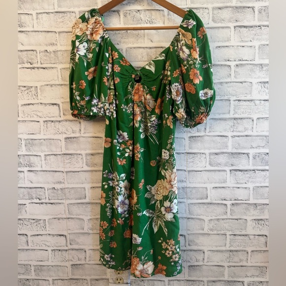 Women’s Sim and Sam green floral puff sleeve linen blend dress Medium - Picture 3 of 5